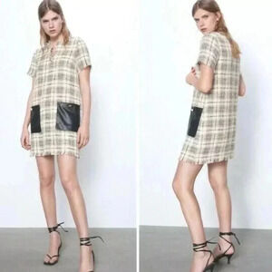 NEW ZARA Tweed plaid faux leather pockets gold black shift frayed dress XS NWT